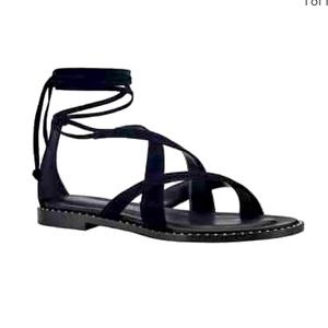 Tamara Mellon Geo 10 Strap Studded Sandals Flat Black Suede